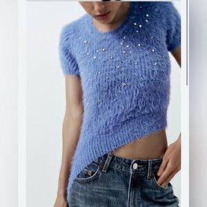 Emerson Lang young contemporary fuzzy faux fur winter blue sweater medium NWOT